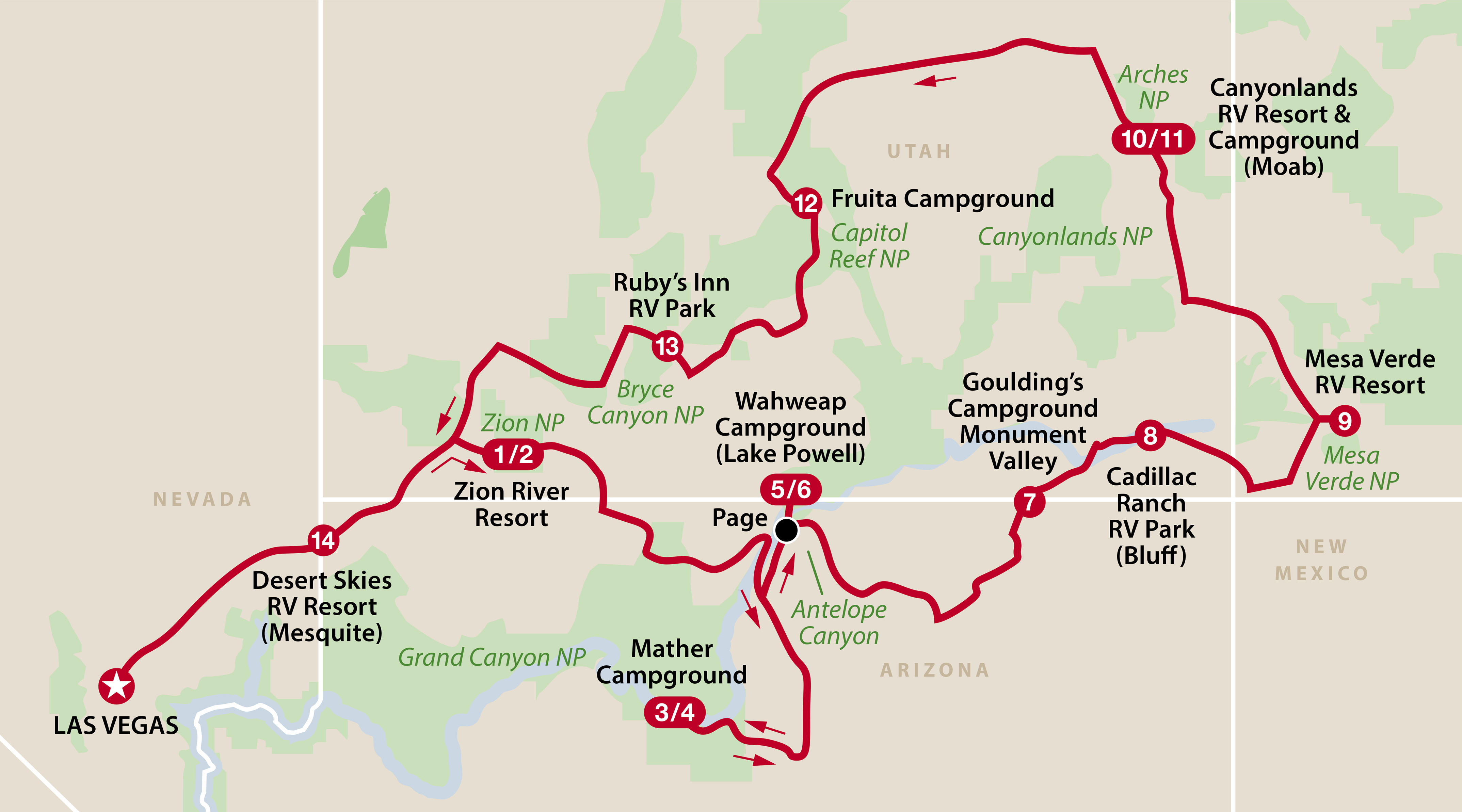 Mapa ruta Utah's Mighty Five and Beyond